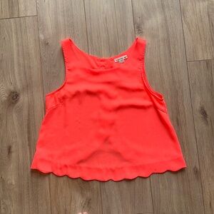 DOUBLE ZERO Bright Neon Coral Pink Button Open Back Scallop Hem Flowy Tank Top